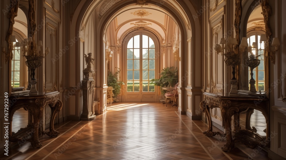 Opulent French chateau oval hallway with arched windows herringbone parquet floors mirror-paneled walls gilded plaster details and curving staircases.