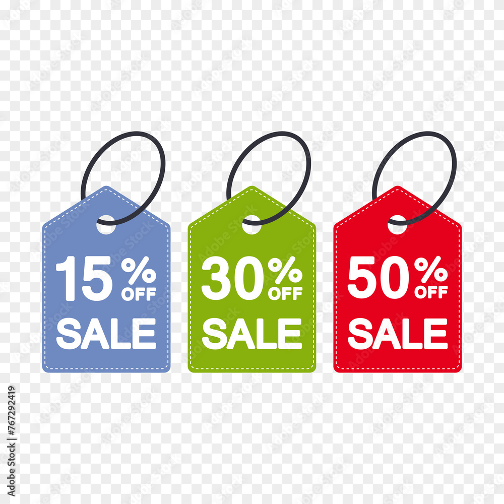 Design of price tags with percentage discounts. Set of promotional stickers for trade marketing, sale, banner. Vector illustration.