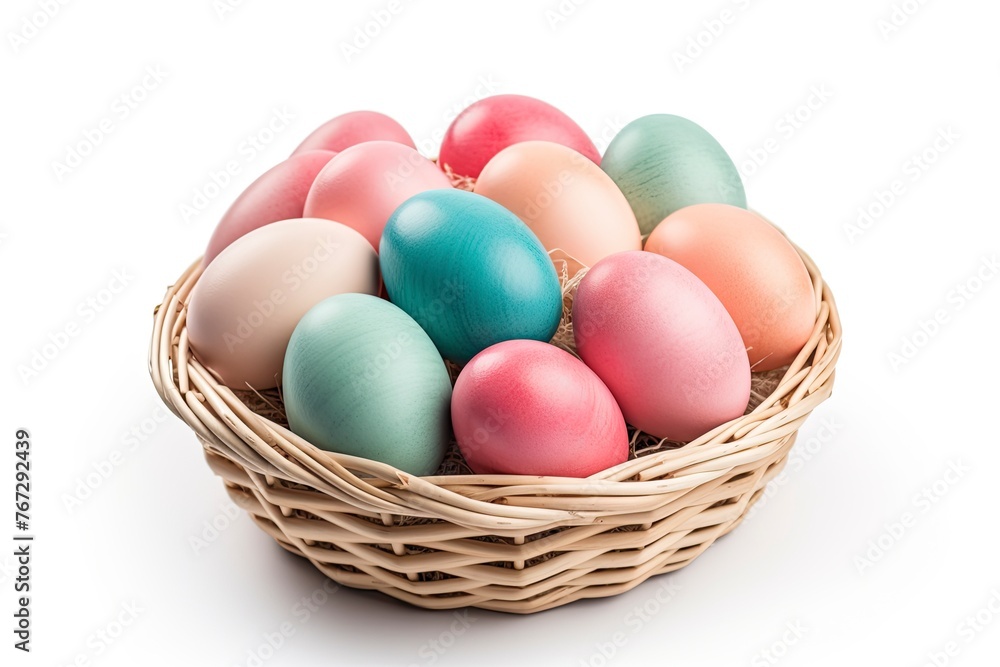 Multi colors Easter eggs in the woven basket isolated on white background with clipping path. Pastel color Easter eggs - generative ai Multi colors Easter eggs in the woven basket isolated on white background with clipping path. Pastel color Easter eggs - generative ai
