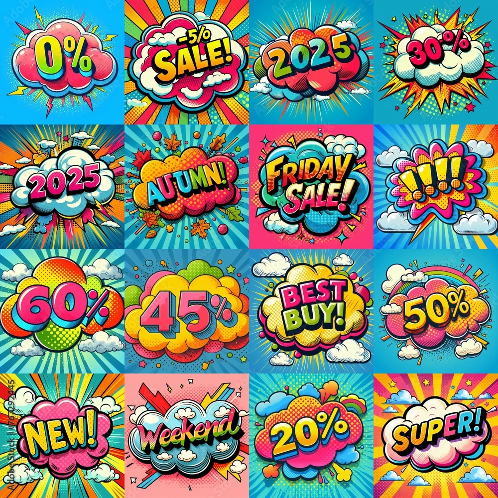 Sale stickers pop art style. AI generated illustration