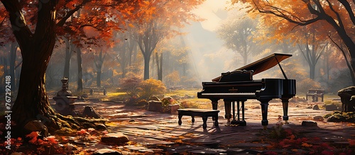 Piano in the autumn foggy forest
