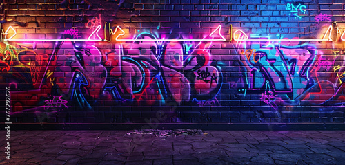 A grungy brick wall with neon lights illuminating graffiti art  creating a mesmerizing display of urban culture.  Copy space on blank labels word .