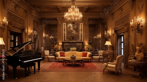 Opulent Gilded Age mansion music room with ornate crown moldings beamed ceiling herringbone floors and grand fireplace.