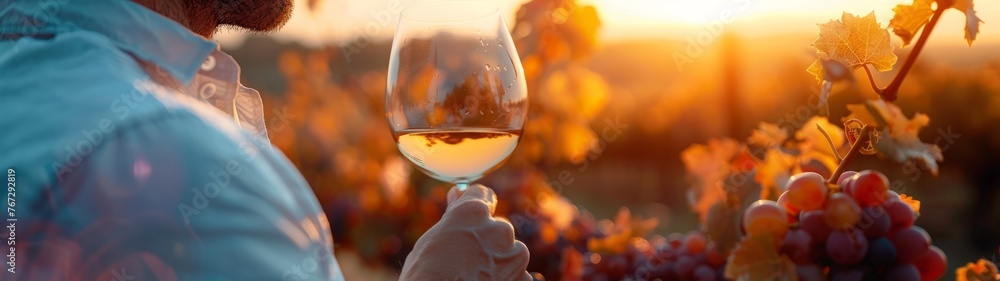 A man with a glass of wine in the background of a vineyard in the warm light of the setting sun. Banner. - obrazy, fototapety, plakaty 