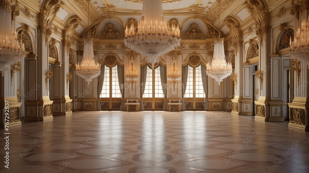 Opulent marble and gilt French Renaissance-style formal ballroom with crystal chandeliers herringbone floors and coffered ceilings.