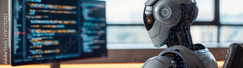 AI concept. A humanoid robot in front of a monitor on which program code is written. Banner.