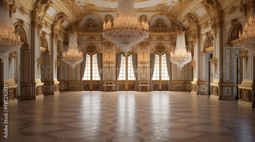 Opulent marble and gilt French Renaissance-style formal ballroom with crystal chandeliers herringbone floors and coffered ceilings.