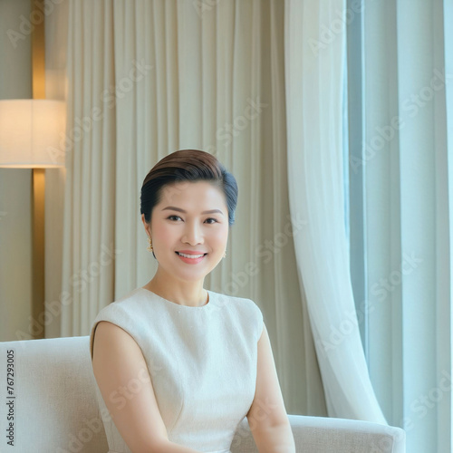 Free Download The adult woman in the image is sitting on a couch with a smile on her face, She is wearing a white dress and earrings. sitting on couch .generative AI - GFXLoad