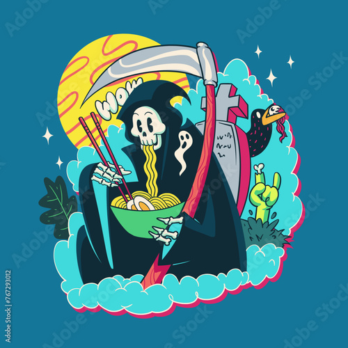 Grim Reaper Eating Ramen in the Cemetery Vector Cartoon