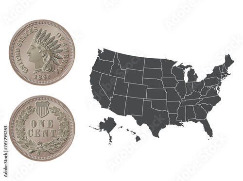 Vector American money, one cent coin, 1860. Vector illustration isolated on the background of a map of the USA.
