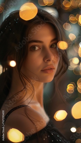 Enchanting portrait of woman with bokeh lights
