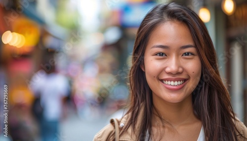 Portrait of smiling young asian woman in urban setting