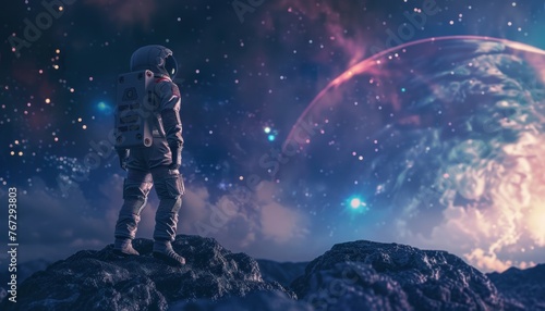 Astronaut gazing at distant planets and stars