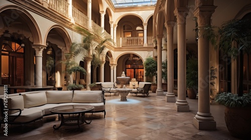 Opulent Venetian-inspired palazzo indoor courtyard lounge with vaulted brick ceilings marble floors carved stone columns and fountains. photo
