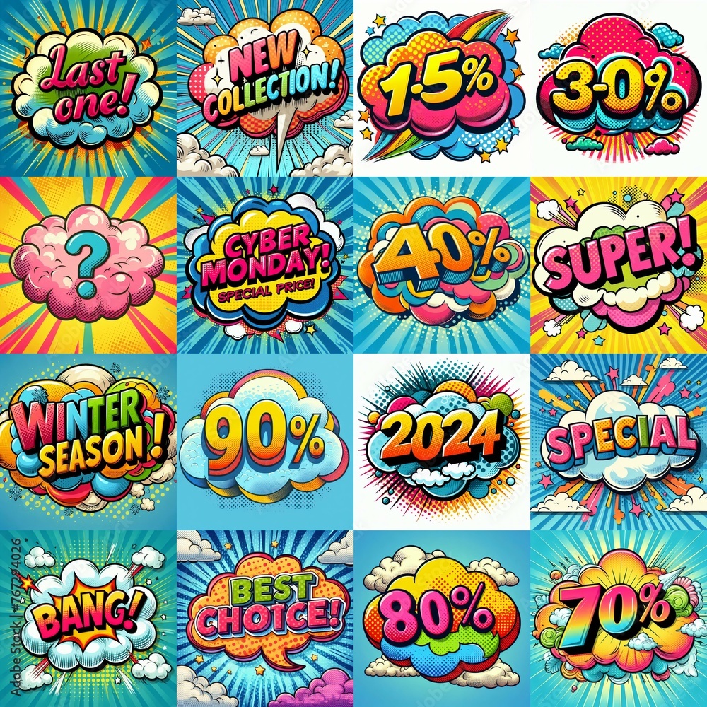 Sale stickers pop art style. AI generated illustration Sale stickers pop art style. AI generated illustration