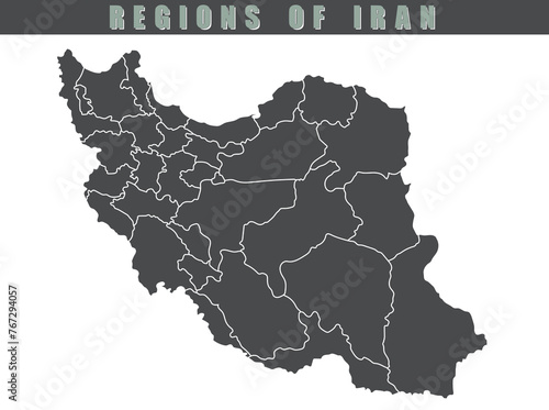 Grey flat provinces map of Asian country of Iran. Each city and border has separately for your infographics and earth template for the website. Vector illustration. photo