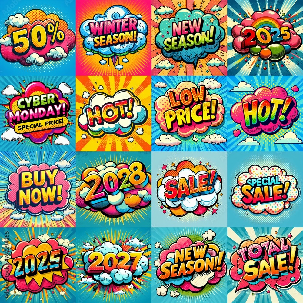 Fototapeta premium Sale stickers pop art style. AI generated illustration