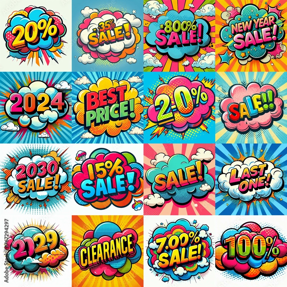 Sale stickers pop art style. AI generated illustration Sale stickers pop art style. AI generated illustration