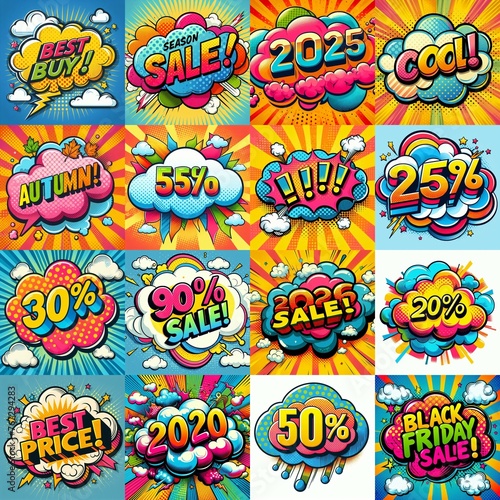 Sale stickers pop art style. AI generated illustration