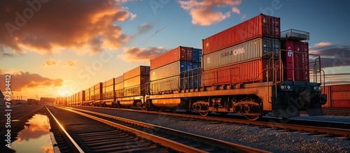 Train wagons carrying cargo containers for shipping companies