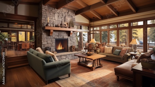 Pacific Northwest craftsman with natural woods river rock accents and earthy color palette. © Aeman