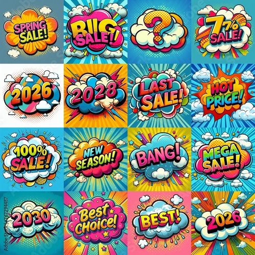 Sale stickers pop art style. AI generated illustration