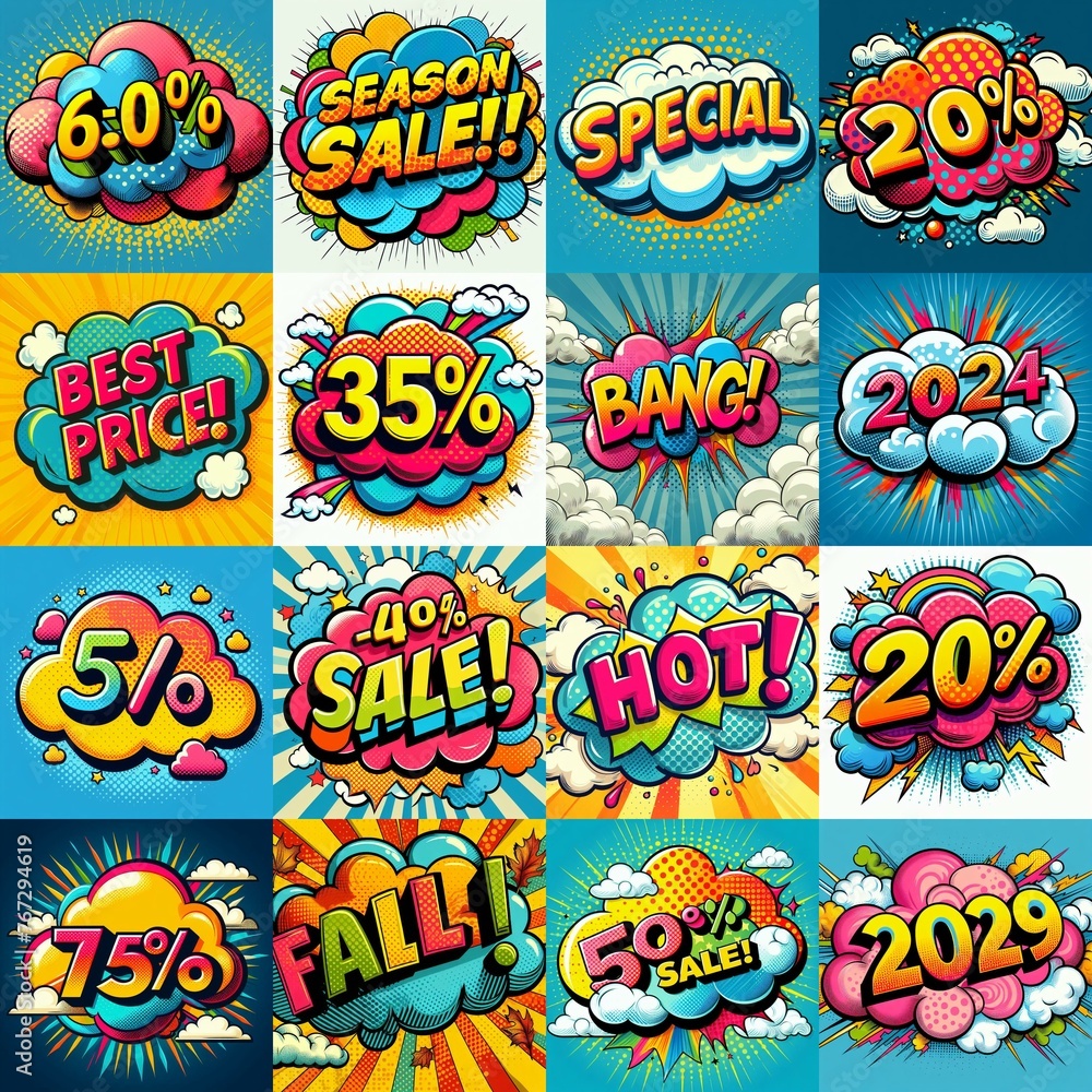 Sale stickers pop art style. AI generated illustration