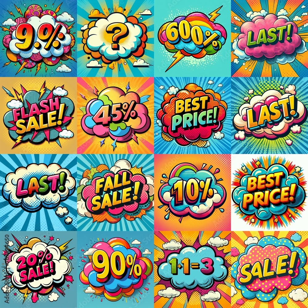 Sale stickers pop art style. AI generated illustration