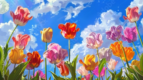 A vibrant painting depicting colorful tulips set against a clear blue sky, showcasing the beauty of nature in full bloom