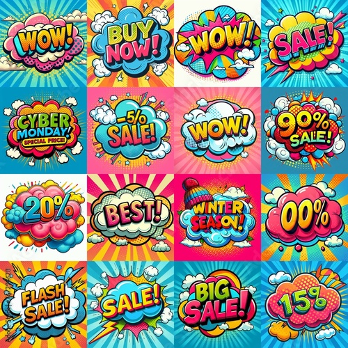 Sale stickers pop art style. AI generated illustration