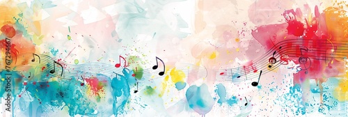 a music-themed background with musical notes and watercolor splashes