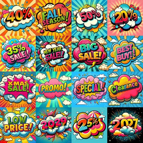 Sale stickers pop art style. AI generated illustration