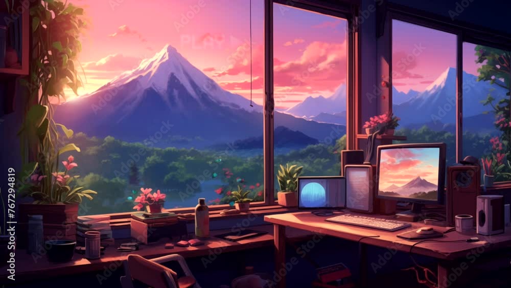 Lofi music studio at dusk, for Lofi music background. seamless looping 4k time-lapse animation video background 