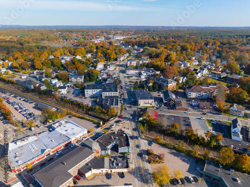 Tableau sur toile Franklin historic commercial center aerial view in fall on Main Street at Central Street, with railroad across the town center, Franklin, Massachusetts MA, USA