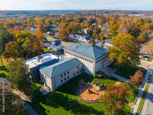 Franklin Public Library aerial view in fall at 118 Main Street in historic town center of Franklin, Massachusetts MA, USA. This library is the first and oldest public library in the US.  © Wangkun Jia