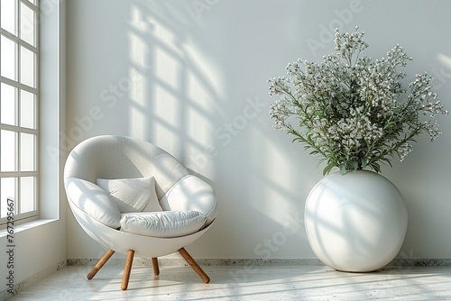 white empty stylish interior design with flower. Scandinavian style. 3D design
