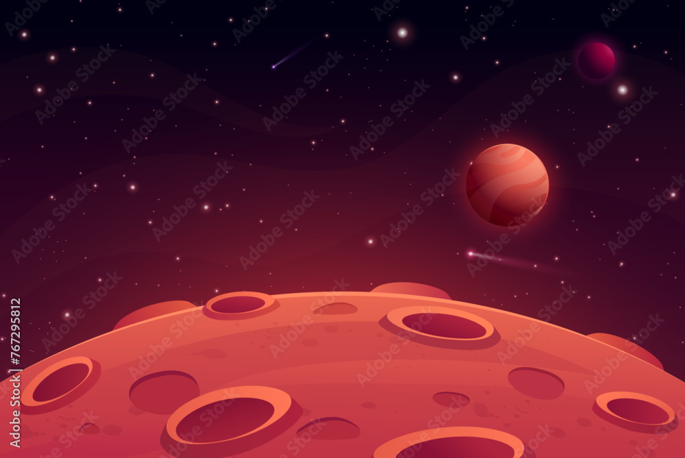 Mars surface landscape. Vector illustration of night alien planet with ...