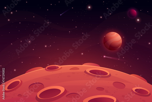 Mars surface landscape. Vector illustration of night alien planet with craters, saturn planet, sky galaxy, comet and stars. Red desert in cosmos.Martian extraterrestrial background for game, ui design