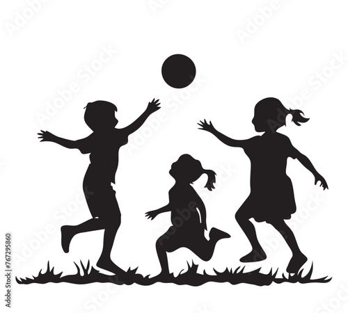 Silhouette of a group of children playing soccer on white background