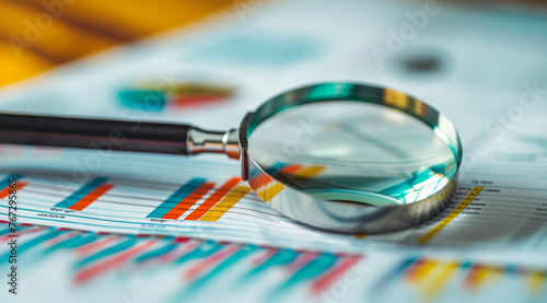 a magnifying glass is on top of a sheet of trading charts and graphs showing elegance view charts in corporate world
