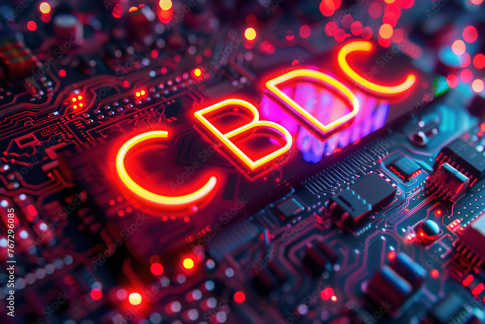 Illuminated CBDC Letters on High-Tech Digital Circuit Board - The Future of Currency Background Illuminated CBDC Letters on High-Tech Digital Circuit Board - The Future of Currency Background