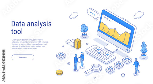 Data analysis tool outline isometric concept. Graph or diagram on a computer screen. Characters working together on project and analyzing report, graphs, charts and other corporate data.