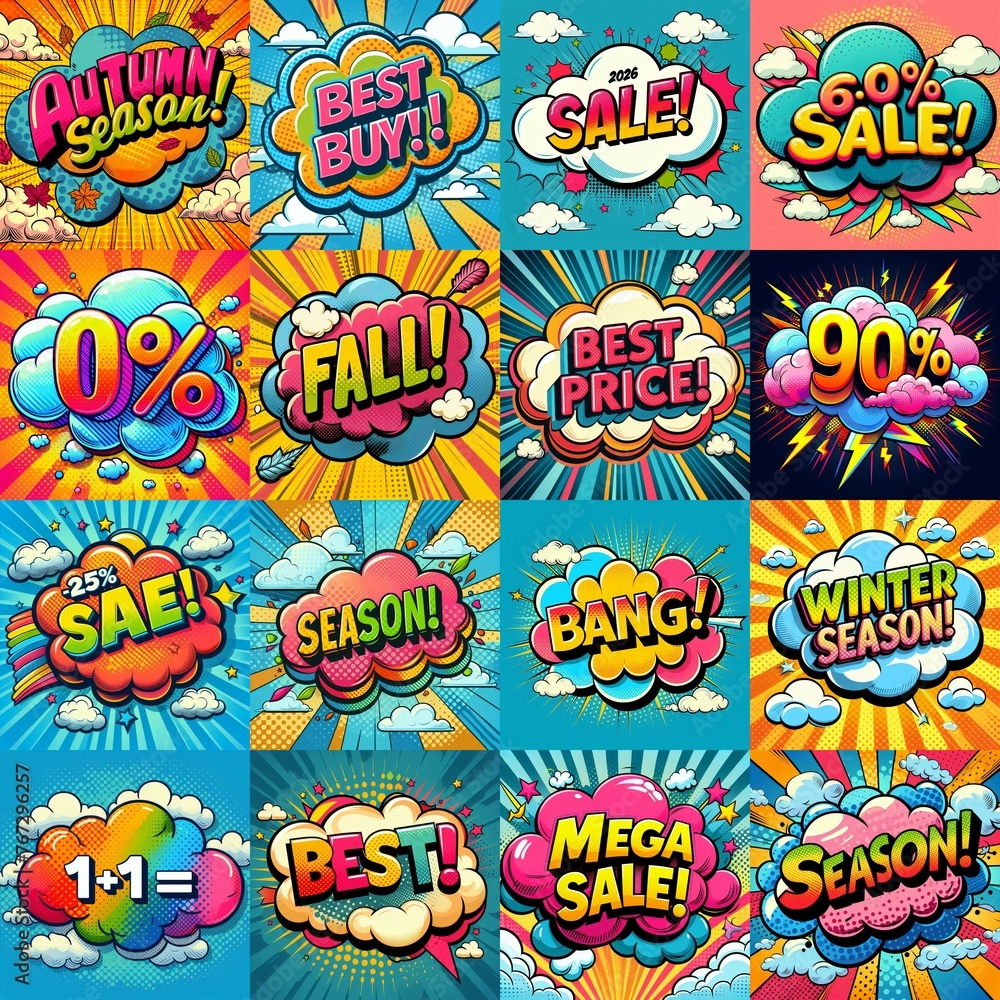 Sale stickers pop art style. AI generated illustration Sale stickers pop art style. AI generated illustration