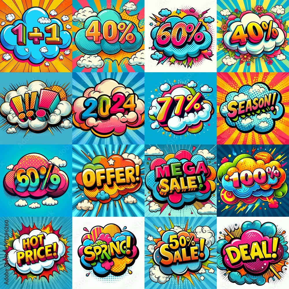 Sale stickers pop art style. AI generated illustration Sale stickers pop art style. AI generated illustration