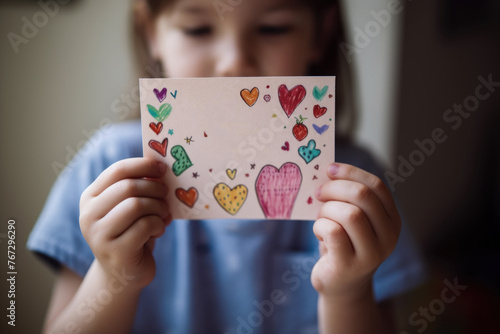 Child holding a handmade card with crayon drawings and a heartfelt message for their mother. Mother's Day.