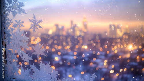 A frosty window overlooks a snowy city skyline,