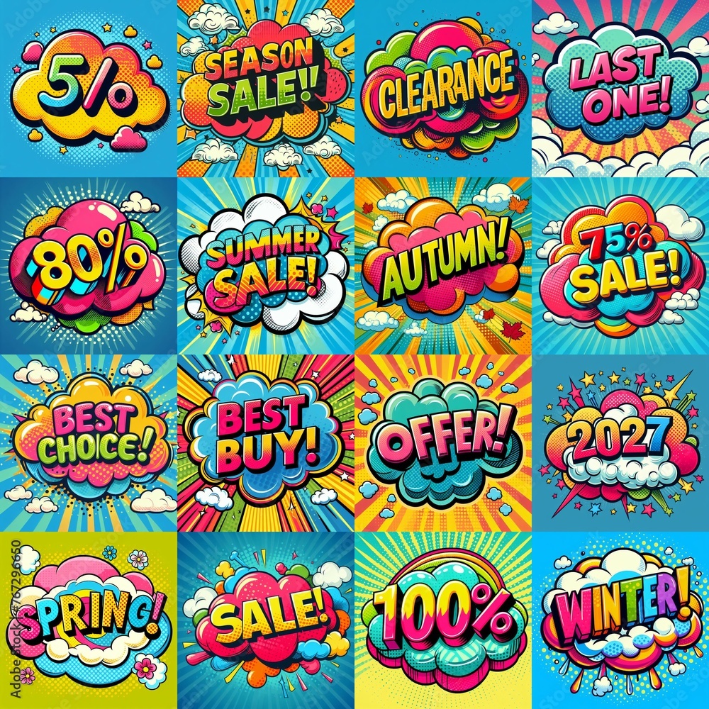 Sale stickers pop art style. AI generated illustration Sale stickers pop art style. AI generated illustration