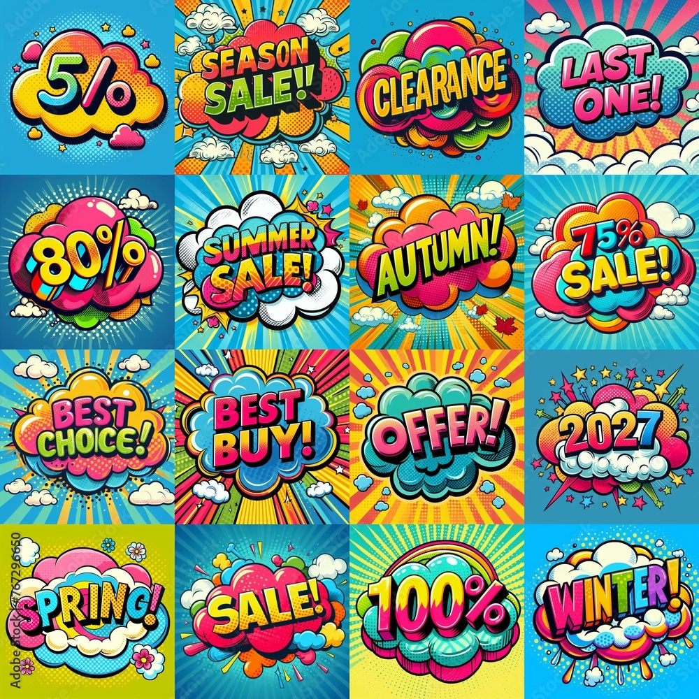 Sale stickers pop art style. AI generated illustration