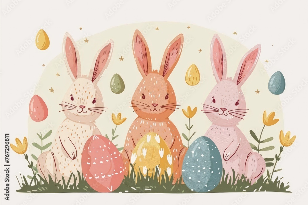 Obraz premium Happy Easter watercolor cards set with cute Easter rabbit, eggs, spring flowers and bird in pastel colors isolated on white background