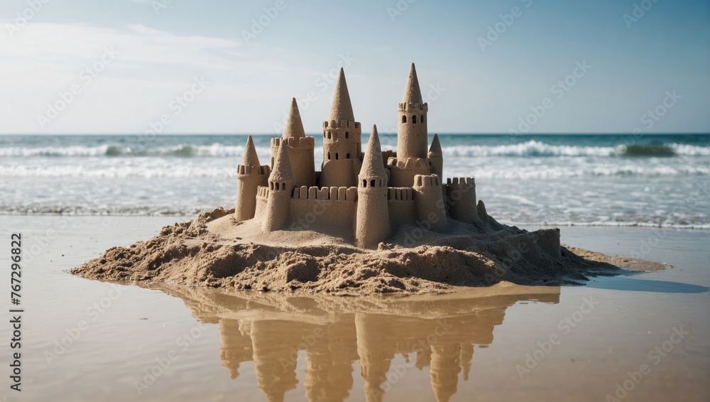 Sandcastle on the beach. Concept of summer vacation and travel
